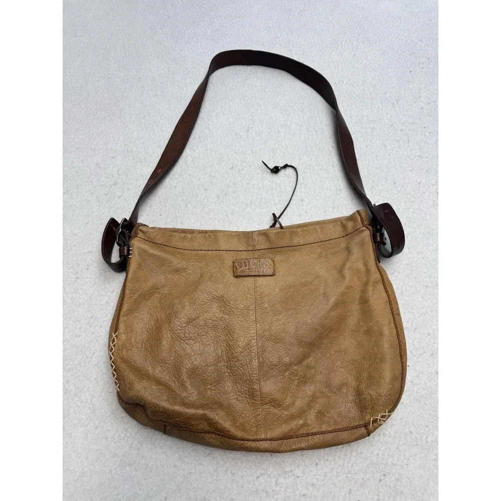 Lucky Brand Hobo Bag Womens Medium Tan Leather Whipstitch Shoulder Boho Purse‎